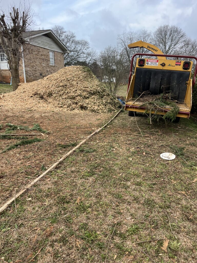 Wood chipper grinding tree branches after tree removal service in Gainesville, GA and surrounding areas